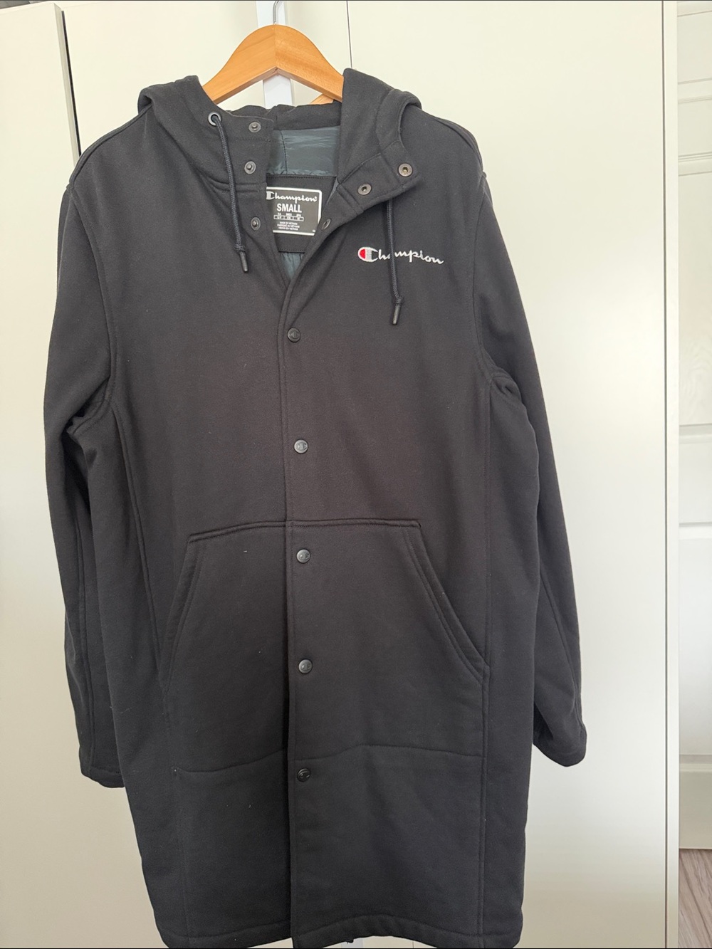 Champion Black Hooded Snap-Front Shirt Jacket with Logo Patch